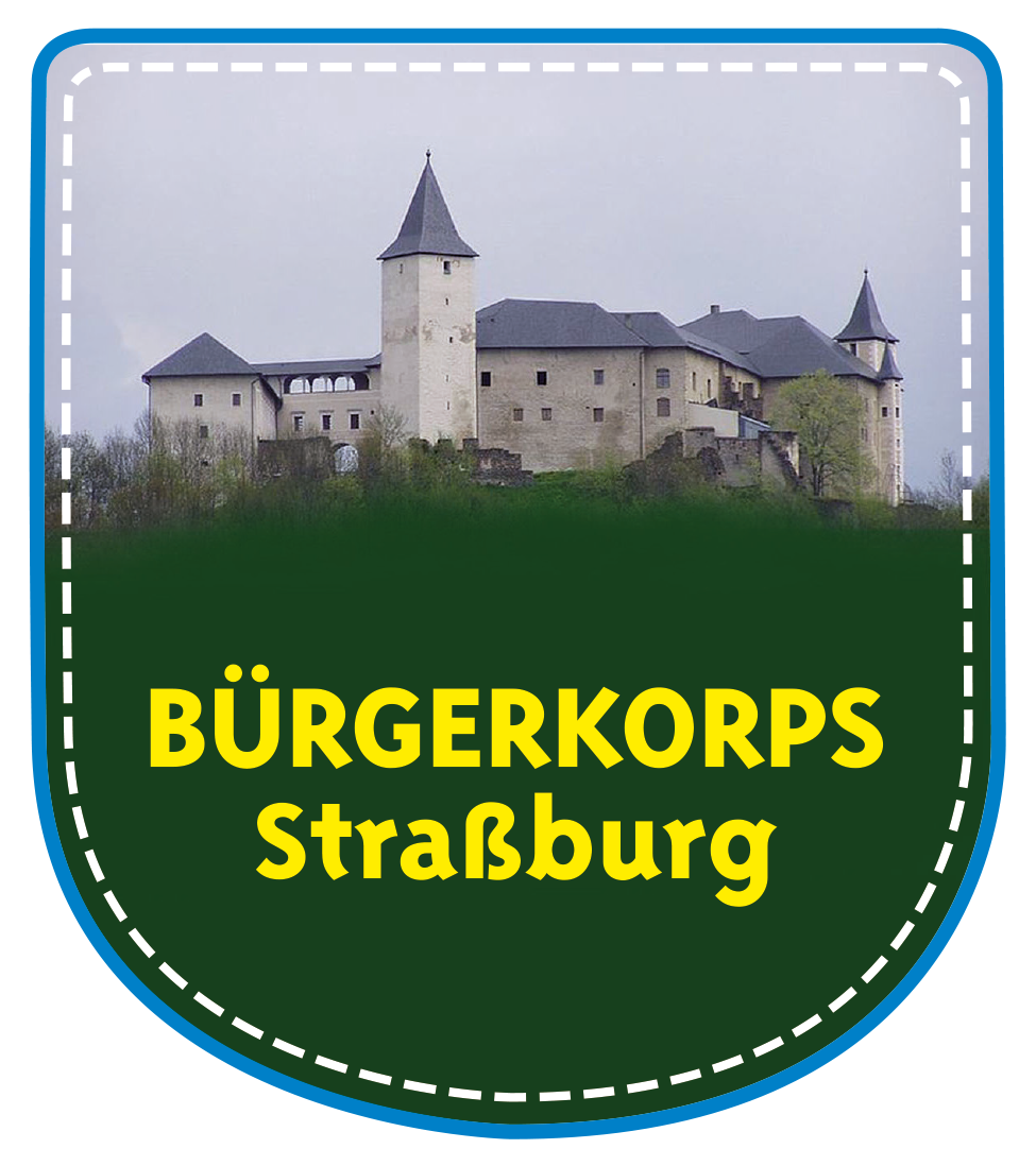 Logo des Bürgerkorps Straßburg, das im oberen Teil die Straßburg zeigt, im unteren Teil grün markiert mit gelber Schrift "Bürgerkorps Straßburg"